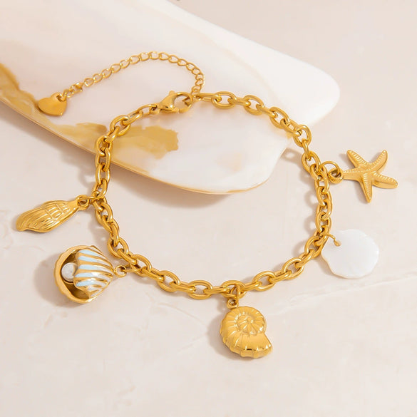 Stainless Steel Bracelet With Clam Shell Pearl Charm Conch Starfish Natural Shell Animal Zodiac Electroplated Design