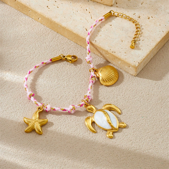 Stainless Steel Braided Women's Animal Pendant Bracelet With Marine Life Shapes And Electroplating