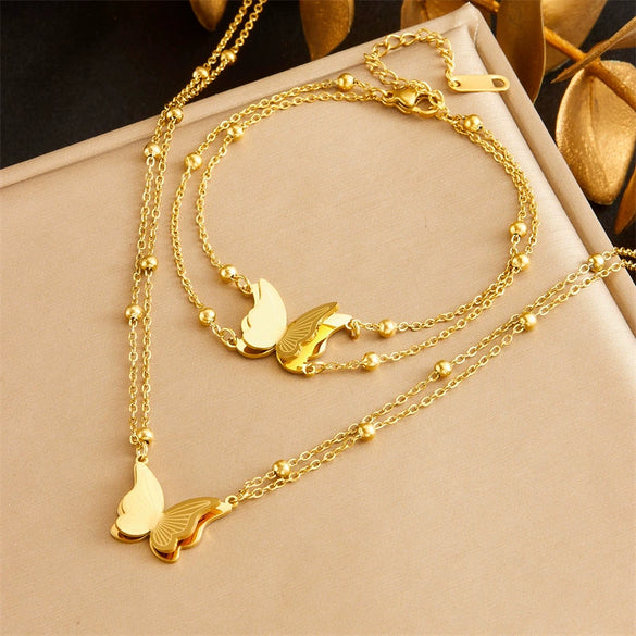 Stainless Steel Butterfly And Insect Pattern Fashion Necklace And Bracelet Set For Women With Electroplating Treatment