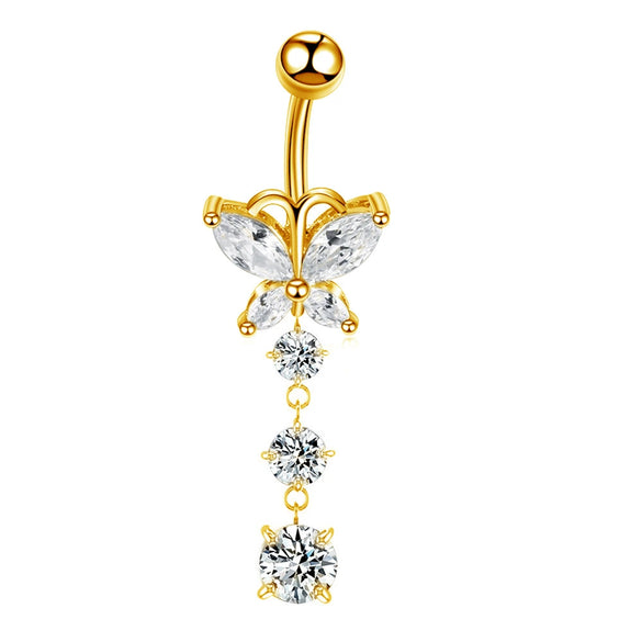Stainless Steel Butterfly Navel Ring With Diamond Design And Alloy Inlaid Artificial Gemstones For Women Body Piercing Jewelry