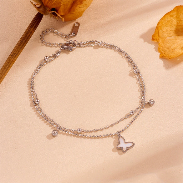 Stainless Steel Butterfly With Acrylic Diamond Bead Double Layer Women's Fashion Necklace And Anklet