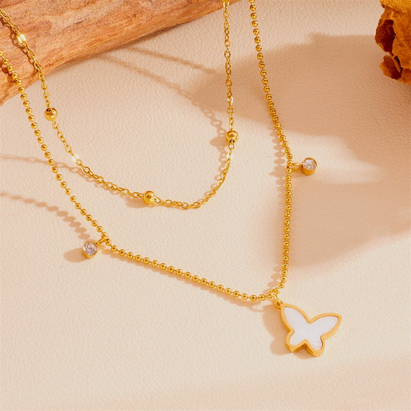 Stainless Steel Butterfly With Acrylic Diamond Bead Double Layer Women's Fashion Necklace And Anklet