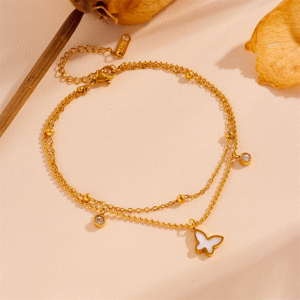 Stainless Steel Butterfly With Acrylic Diamond Bead Double Layer Women's Fashion Necklace And Anklet