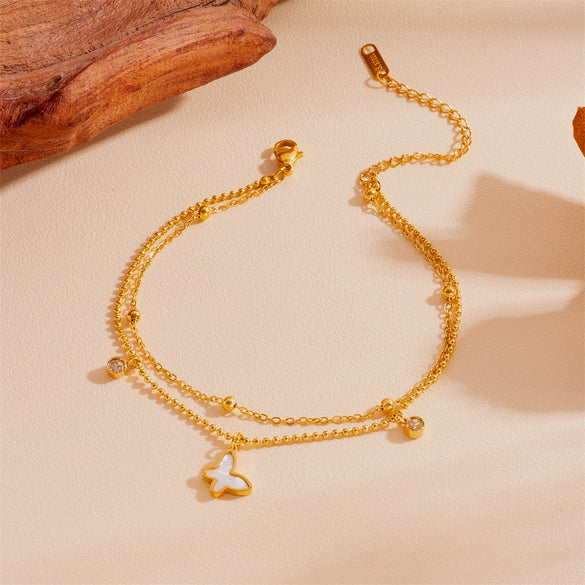 Stainless Steel Butterfly With Acrylic Diamond Bead Double Layer Women's Fashion Necklace And Anklet