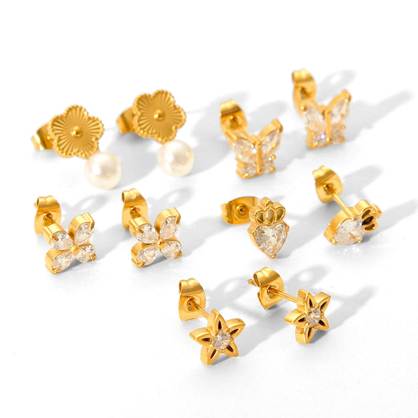 Stainless Steel Butterfly Zircon Star Fivepetal Flower Pearl Earrings With Electroplating For Women
