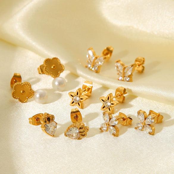 Stainless Steel Butterfly Zircon Star Fivepetal Flower Pearl Earrings With Electroplating For Women