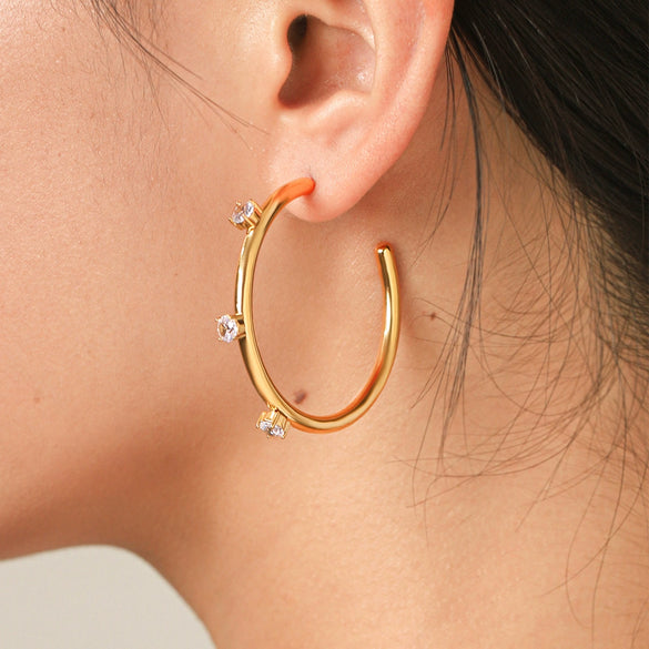 Stainless Steel C Shape Hoop Earrings With Zircon Inlay Geometric Ins Style Electroplated Fashion Earrings For Women