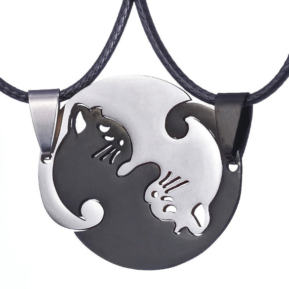 Stainless Steel Cartoon Cat Couple Puzzle Pendant Necklace With Electroplated Finish Unisex Animal Jewelry Gift