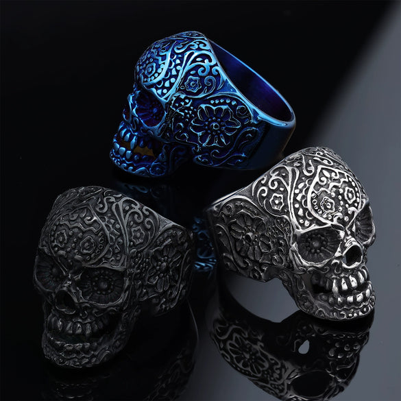 Stainless Steel Carved Skull Ring Polish Trendy Unisex