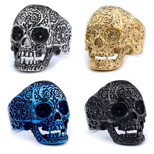 Stainless Steel Carved Skull Ring Polish Trendy Unisex