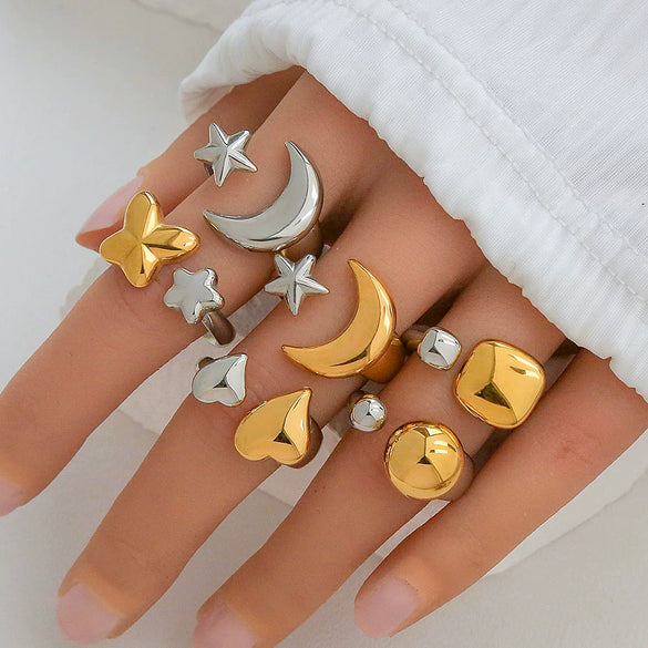 Stainless Steel Casting Open Ring Set With Leaf U Shaped And Geometric Patterns Real Gold Plated For Women