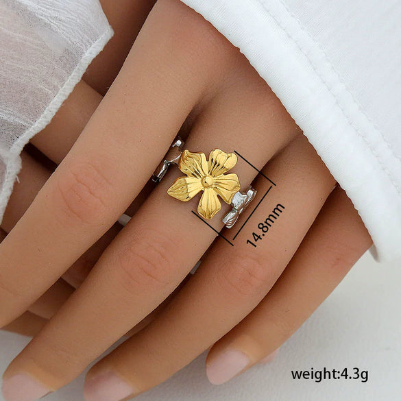 Stainless Steel Casting Open Ring Set With Leaf U Shaped And Geometric Patterns Real Gold Plated For Women
