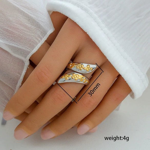 Stainless Steel Casting Open Ring Set With Leaf U Shaped And Geometric Patterns Real Gold Plated For Women