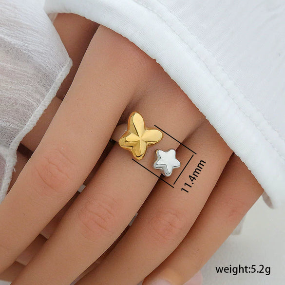 Stainless Steel Casting Open Ring Set With Leaf U Shaped And Geometric Patterns Real Gold Plated For Women