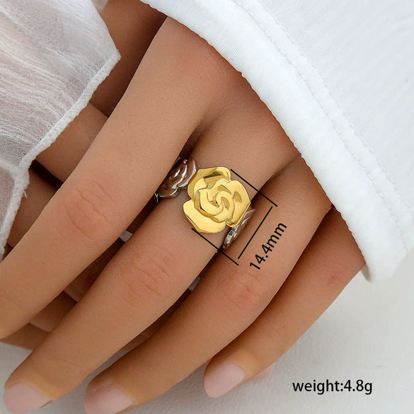 Stainless Steel Casting Open Ring Set With Leaf U Shaped And Geometric Patterns Real Gold Plated For Women
