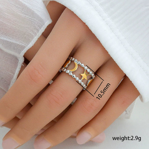 Stainless Steel Casting Open Ring Set With Leaf U Shaped And Geometric Patterns Real Gold Plated For Women