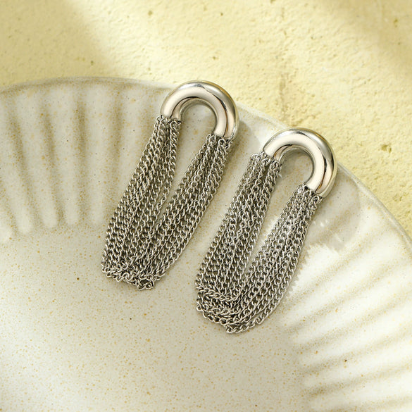 Stainless Steel Casual Curved Chain Long Tassel C Shaped Electroplated Women's Earrings