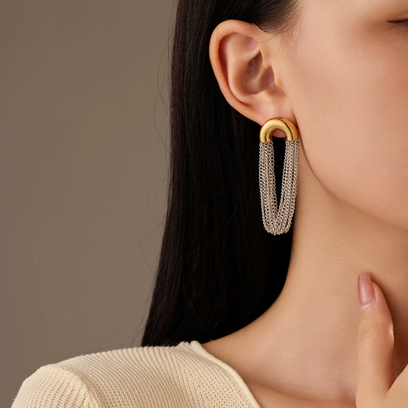 Stainless Steel Casual Curved Chain Long Tassel C Shaped Electroplated Women's Earrings