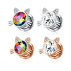Stainless Steel Cat Head Punk Crystal Electroplated Flower Earrings Piercing Jewelry