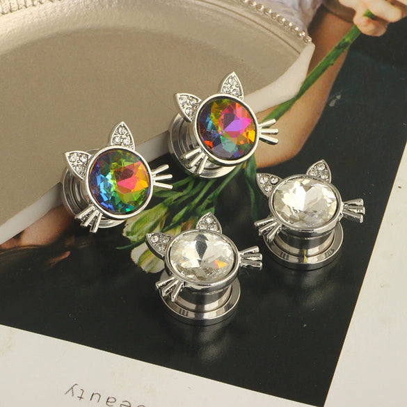 Stainless Steel Cat Head Punk Crystal Electroplated Flower Earrings Piercing Jewelry