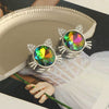 Stainless Steel Cat Head Punk Crystal Electroplated Flower Earrings Piercing Jewelry