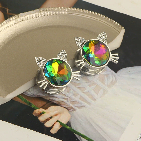 Stainless Steel Cat Head Punk Crystal Electroplated Flower Earrings Piercing Jewelry