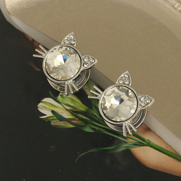 Stainless Steel Cat Head Punk Crystal Electroplated Flower Earrings Piercing Jewelry