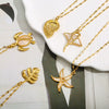 Stainless Steel Chain Shell Starfish Leaf Pendant Necklace Unisex Set With Diamonds