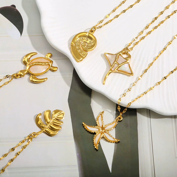 Stainless Steel Chain Shell Starfish Leaf Pendant Necklace Unisex Set With Diamonds