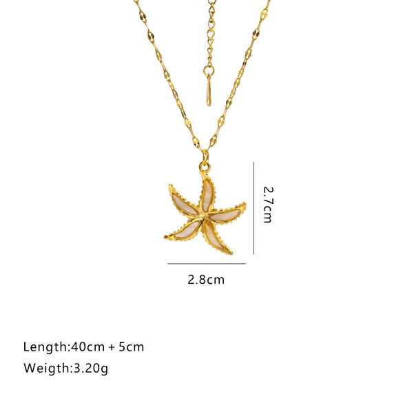 Stainless Steel Chain Shell Starfish Leaf Pendant Necklace Unisex Set With Diamonds