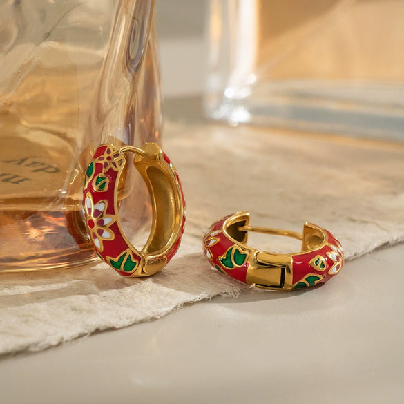 Stainless Steel Chinese Style Oil Dripping Enamel Geometric Earrings With Electroplating Design