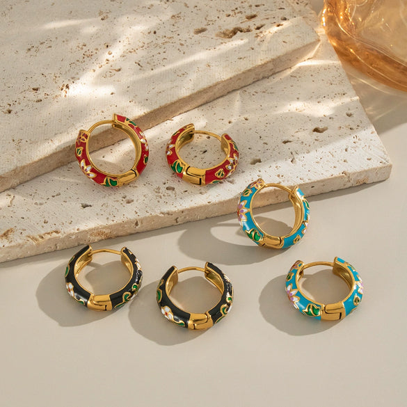 Stainless Steel Chinese Style Oil Dripping Enamel Geometric Earrings With Electroplating Design