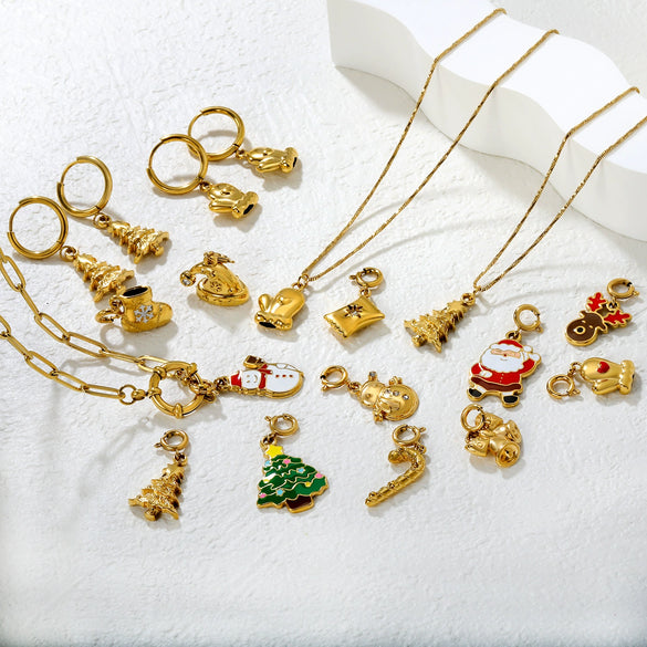 Stainless Steel Christmas Cartoon Pendant Necklace With Snowman Bell And Reindeer Design Electroplated Festive Jewelry For Women