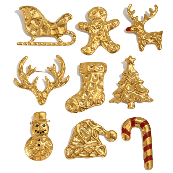 Stainless Steel Christmas Ornaments And Accessories Gold Plated Reindeer Stocking And Snowman Brooch For Women