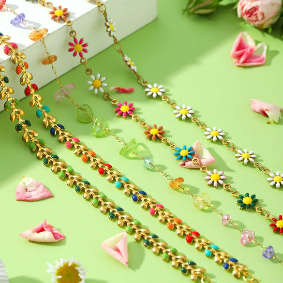 Stainless Steel Clavicle Chain Necklace And Bracelet With Daisy Olive Branch Butterfly Pattern And Oil Dripping Design For Women