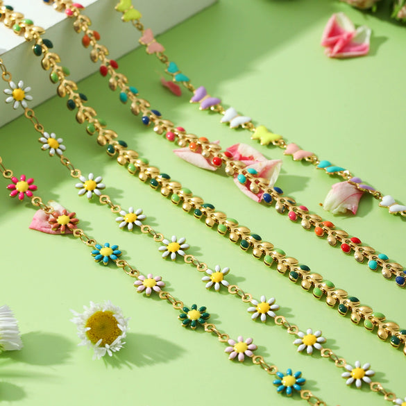 Stainless Steel Clavicle Chain Necklace And Bracelet With Daisy Olive Branch Butterfly Pattern And Oil Dripping Design For Women