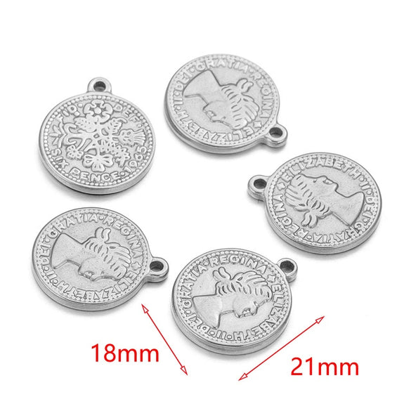 Stainless Steel Coin Round Pendant Necklace With Crown Pattern And Electroplating Treatment For Ladies