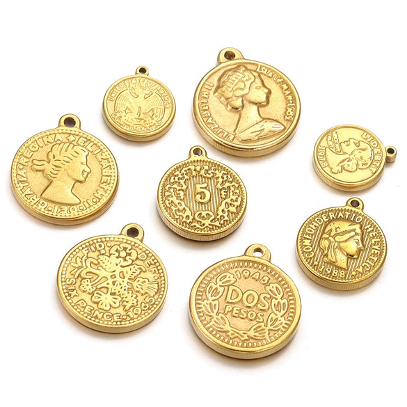 Stainless Steel Coin Round Pendant Necklace With Crown Pattern And Electroplating Treatment For Ladies