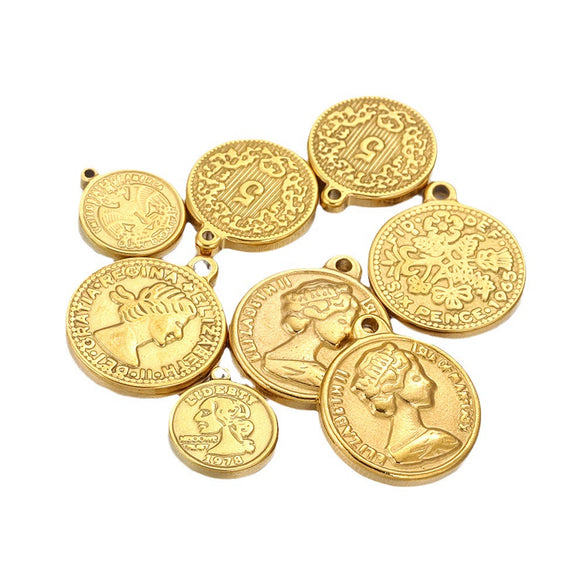 Stainless Steel Coin Round Pendant Necklace With Crown Pattern And Electroplating Treatment For Ladies