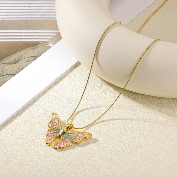 Stainless Steel Colorful Dripping Butterfly Pendant Necklace Dripping Oil Rococo Style For Women