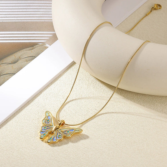 Stainless Steel Colorful Dripping Butterfly Pendant Necklace Dripping Oil Rococo Style For Women