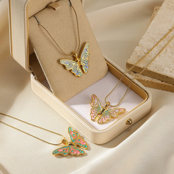 Stainless Steel Colorful Dripping Butterfly Pendant Necklace Dripping Oil Rococo Style For Women