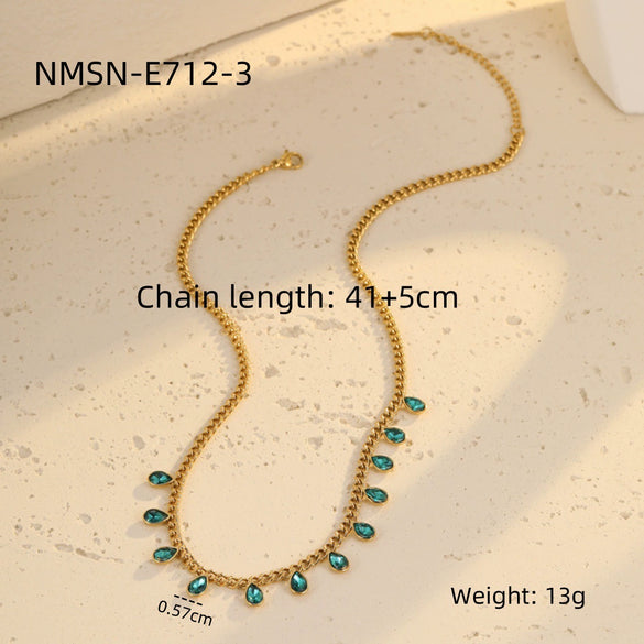 Stainless Steel Colorful Rhinestone Tassel Necklace For Women Electroplated Fashion Jewelry