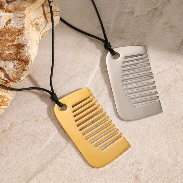 Stainless Steel Comb Pendant Leather Rope Necklace Electroplating Design Women's Jewelry