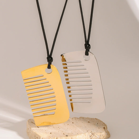 Stainless Steel Comb Pendant Leather Rope Necklace Electroplating Design Women's Jewelry
