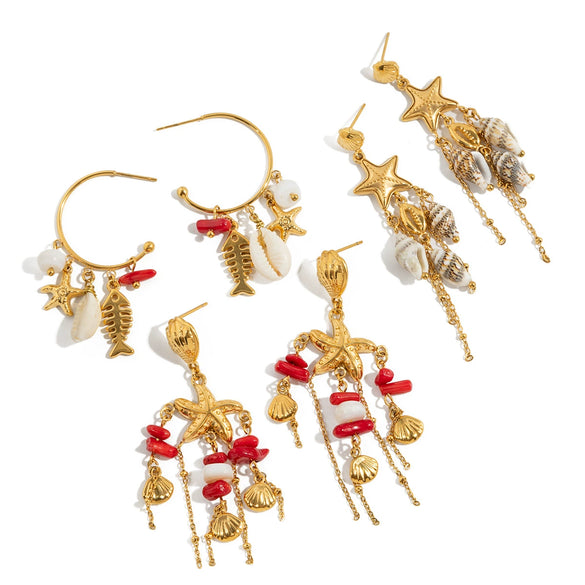 Stainless Steel Conch Pendant Tassel Starfish Earrings Bohemian Style Electroplated