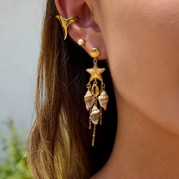 Stainless Steel Conch Pendant Tassel Starfish Earrings Bohemian Style Electroplated