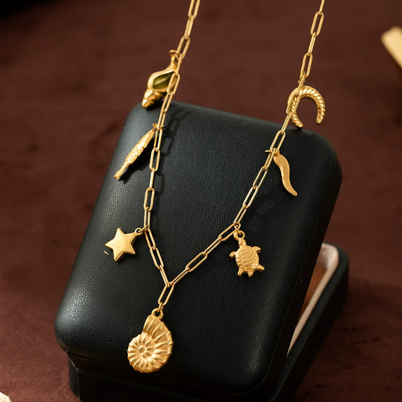 Stainless Steel Conch Turtle Necklace Pendant Furnace Vacuum Plated 18K Gold Color Preservation Summer Beach Style