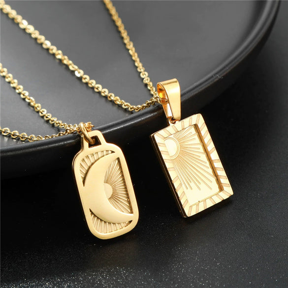 Stainless Steel Constellation Square Sun Moon Pendant O Chain Necklace Electroplated Jewelry