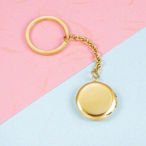 Stainless Steel Couple Round Geometric Gloss Commemorative Photo Keychain Pendant With Electroplating